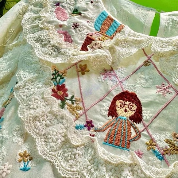 Unbleached Cotton Embroidered Dress, Summer Short Sleeve, Fits 90–160 lbs - Picture 8 of 12